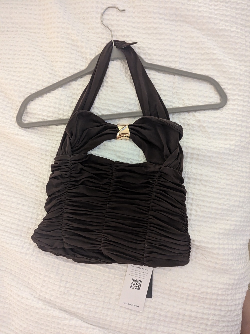 Tiger Mist Brown Ruched Halter Top With Gold Detail